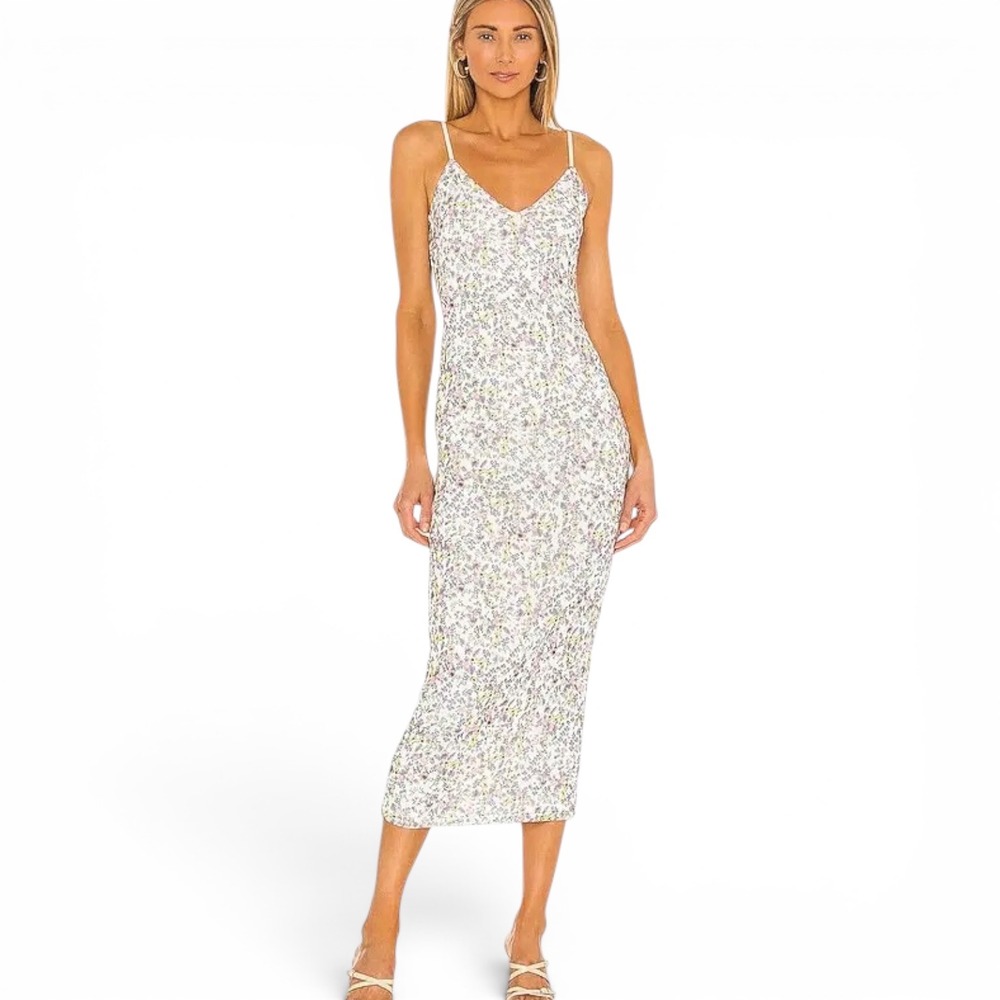 AFRM Amina Mesh Midi Dress Womens M Bodycon White Floral V-Neck Spaghetti Strap